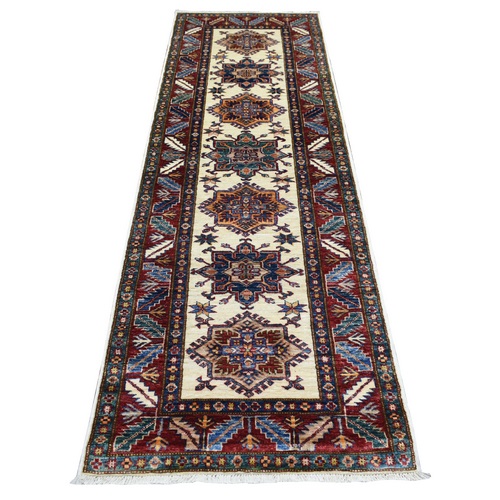 Ivory Afghan Super Kazak, Natural Dyes Densely Woven, Soft Wool Hand Knotted, Runner Oriental 