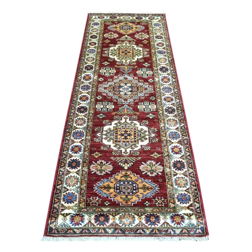 Rich Red Hand Knotted Afghan Super Kazak Natural Dyes Densely Woven Ghazni Wool, Runner Oriental Rug