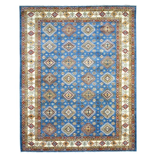 Blue Shiny and Soft Wool Hand Knotted, Natural Dyes Densely Woven, Caucasian Super Kazak Oriental Rug