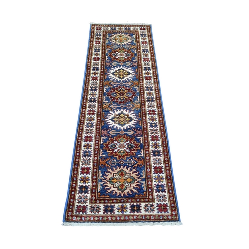 Denim Blue Natural Dyes Densely Woven Shiny and Soft Wool, Hand Knotted Caucasian Super Kazak, Runner Oriental Rug