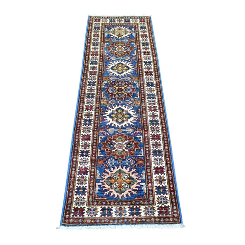 Blue Natural Dyes Densely Woven Shiny and Soft Wool, Hand Knotted Caucasian Super Kazak, Runner Oriental 