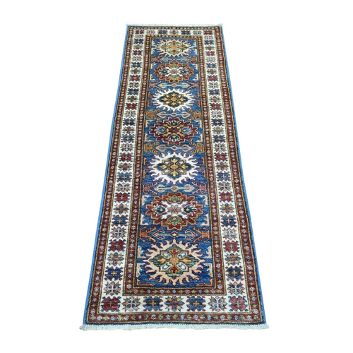 Denim Blue Caucasian Super Kazak, Natural Dyes Densely Woven, Shiny and Soft Wool Hand Knotted, Runner Oriental 