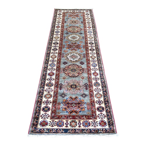 Gray Densely Woven Ghazni Wool Hand Knotted, Afghan Super Kazak Natural Dyes, Runner Oriental Rug