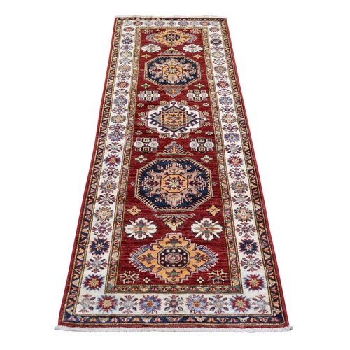 Cherry Red Ghazni Wool Hand Knotted, Afghan Super Kazak Natural Dyes Densely Woven, Runner Oriental Rug