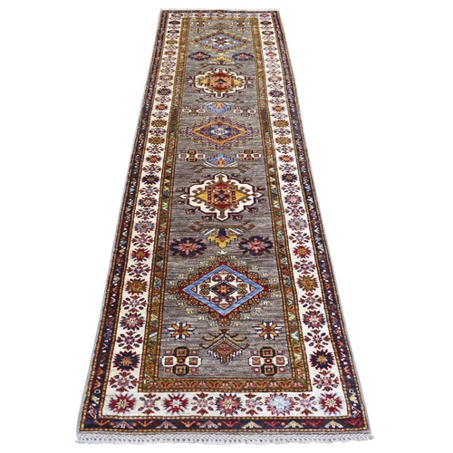 Taupe Pure Wool Hand Knotted, Caucasian Super Kazak Natural Dyes Densely Woven, Runner Oriental Rug