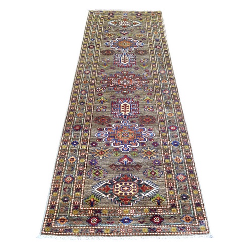 Gray Afghan Super Kazak Natural Dyes Densely Woven, Ghazni Wool Hand Knotted, Oriental Runner 