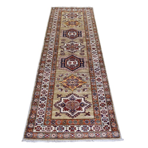 Green Shiny and Soft Wool Hand Knotted, Caucasian Super Kazak Natural Dyes Densely Woven, Runner Oriental Rug