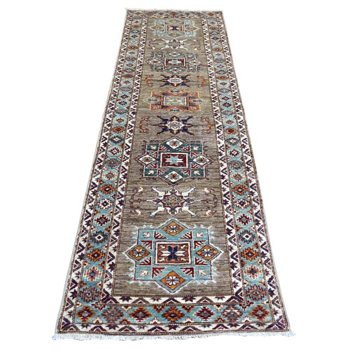 Taupe and Aquamarine Natural Dyes Densely Woven Shiny and Soft Wool, Hand Knotted Caucasian Super Kazak, Runner Oriental Rug