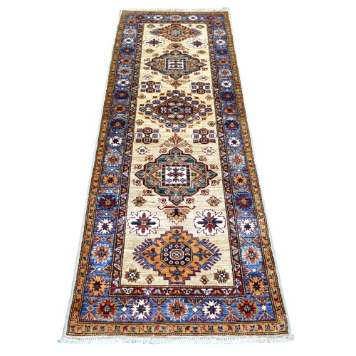 Ivory Natural Dyes Densely Woven Pure Wool, Hand Knotted Caucasian Super Kazak, Runner Oriental Rug