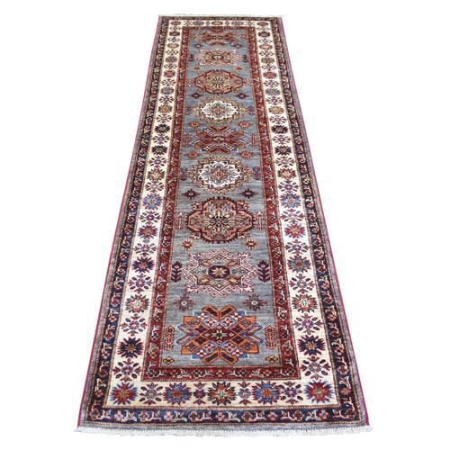 Gray Pure Wool Hand Knotted, Caucasian Super Kazak Natural Dyes Densely Woven, Oriental Runner 