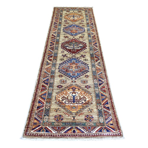 Light Brown Caucasian Super Kazak Natural Dyes Densely Woven, Shiny and Soft Wool Hand Knotted, Oriental Runner Rug