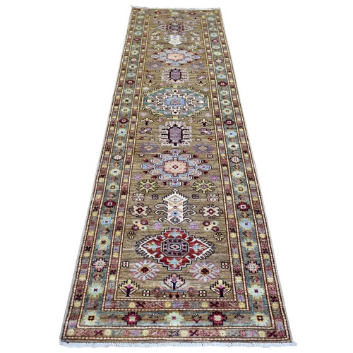 Almond Brown Pure Wool Hand Knotted, Caucasian Super Kazak Natural Dyes Densely Woven, Runner Oriental Rug