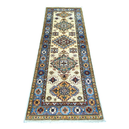 Ivory Afghan Super Kazak Natural Dyes Densely Woven, Ghazni Wool Hand Knotted, Runner Oriental Rug