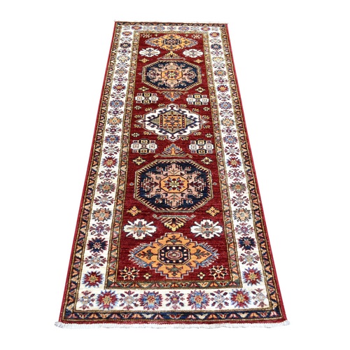 Rich Red, Soft Wool Hand Knotted, Afghan Super Kazak, Natural Dyes Densely Woven, Runner Oriental Rug