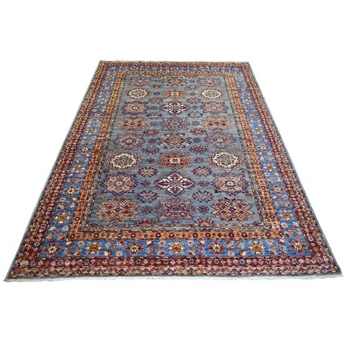 Gray, Afghan Super Kazak with Tribal Design, Densely Woven 100% Wool, Hand Knotted, Natural Dyes Oriental 