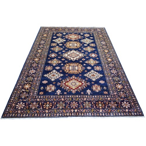 Navy Blue, Caucasian Super Kazak with Tribal Design, All Wool, Hand Knotted, Natural Dyes, Densely Woven Oriental 