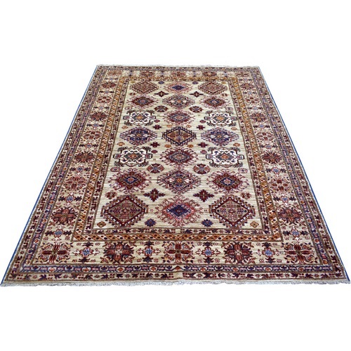 Beige Afghan Super Kazak with Geometric Design, Hand Knotted, Ghazni Wool, Densely Woven, Natural Dyes Oriental 