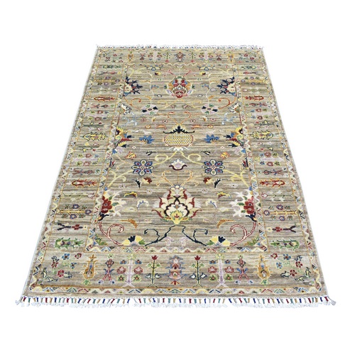 Taupe, Afghan Peshawar with Mahal Design Natural Dyes, Densely Weave Pure Wool Hand Knotted, Oriental Rug