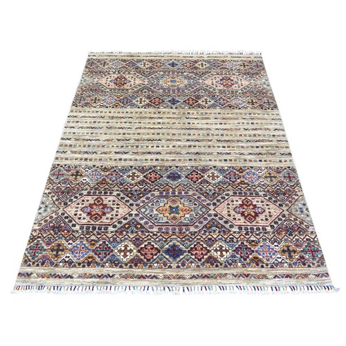 Taupe, Hand Knotted Afghan Super Kazak with Khorjin Design, Natural Dyes Densely Woven Velvety Wool, Oriental Rug