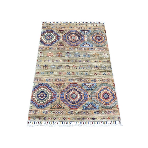 Taupe, Soft and Velvety Wool Hand Knotted, Afghan Super Kazak with Khorjin Design Natural Dyes Densely Weave, Oriental Rug