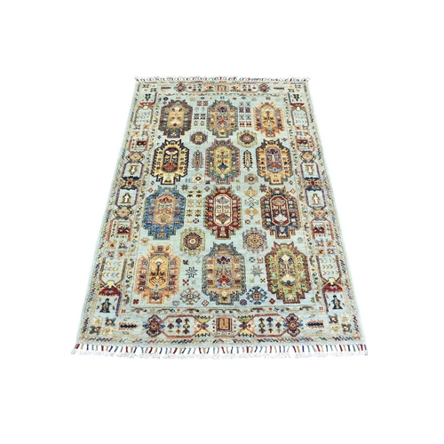 Light Blue, Densely Woven Soft Wool Hand Knotted, Afghan Super Kazak with Repetitive Caucasian Gul Design Natural Dyes, Oriental 