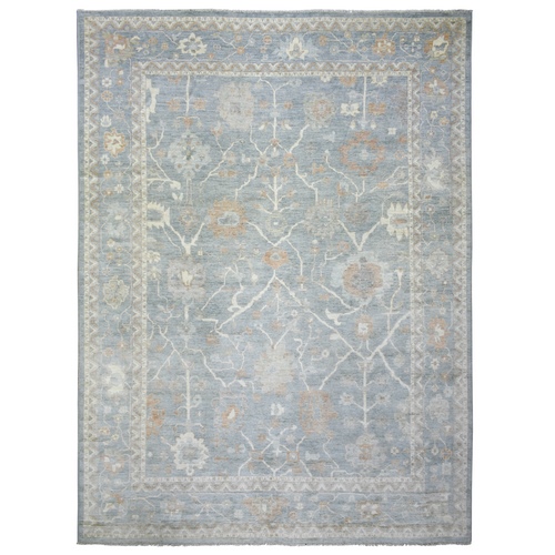 Denim Blue Angora Oushak With Colorful Leaf Design Natural Dyes, Afghan Wool Hand Knotted Oversize Oriental Rug
