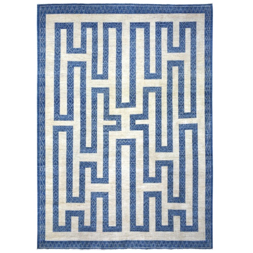 Denim Blue Afghan Peshawar with Maze Design Organic Wool Hand Knotted Densely Woven Oriental Rug