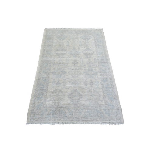 Ivory Pure Wool Natural Dyes Hand Knotted, Stone Wash Peshawar With Karajeh Design Oriental Rug