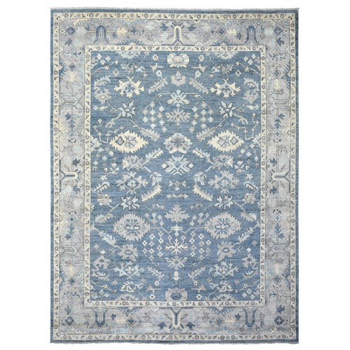 Denim Blue Angora Oushak With Colorful Leaf Design Natural Dyes, Afghan Wool Hand Knotted Oriental Rug