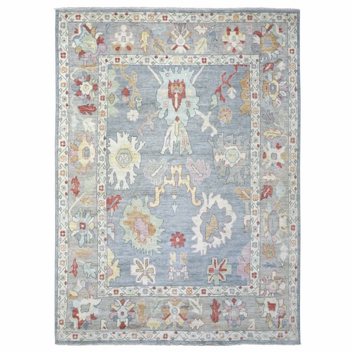 Blue Afghan Wool Hand Knotted Angora Oushak With Colorful Leaf Design Natural Dyes Oriental Rug