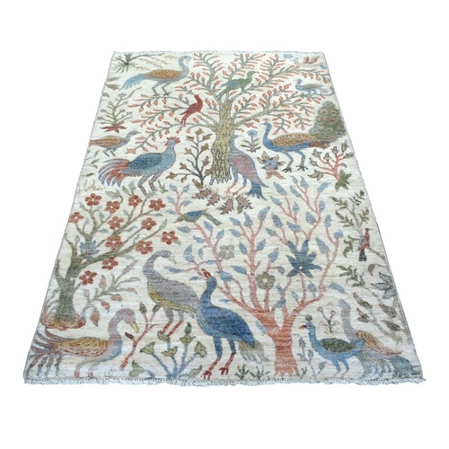 Ivory, Afghan Wool Hand Knotted, Peshawar with Birds of Paradise Design Natural Dyes, Oriental Rug