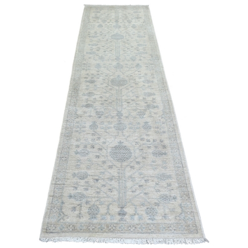 Ivory Natural Dyes Hand Knotted White Wash Samarkand With Pomegranate Design, Pure Wool, Oriental Rug