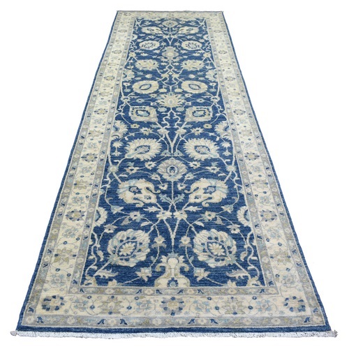 Denim Blue Hand Knotted Stone Wash Peshawar, Pure Wool Natural Dyes, Wide Runner Oriental Rug