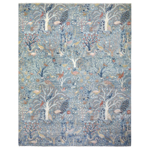 Light Blue, Hand Knotted Afghan Peshawar with Birds of Paradise Design, Natural Dyes Organic Wool, Oversized Oriental Rug