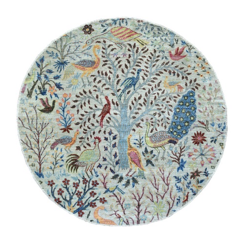 Light Gray, Afghan Peshawar with Birds of Paradise Design, Natural Dyes Pure Wool Hand Knotted, Round Oriental Rug