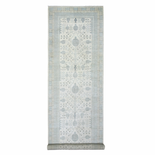 Ivory White Wash Peshawar with Pomegranates Samarkand Design, Pure Wool Natural Dyes Hand Knotted, Gallery Size Runner Oriental 