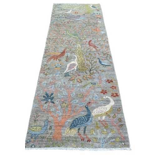 Stone Gray, Afghan Peshawar with Birds of Paradise Design, Natural Dyes Pure Wool Hand Knotted, Runner Oriental Rug