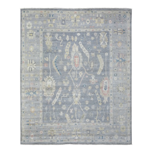 Stone Gray, Hand Knotted Afghan Angora Oushak with Geometric Leaf Design, Natural Dyes Soft and Shiny Wool, Oriental 