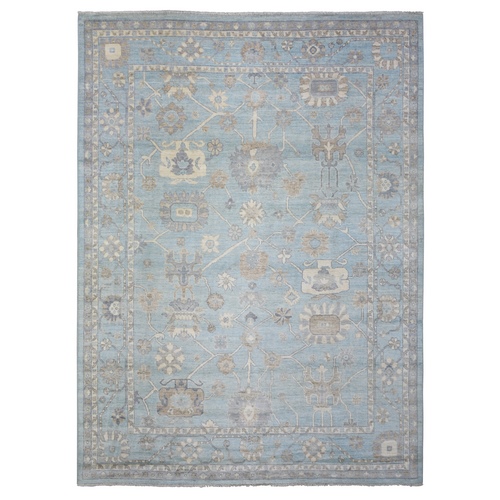 Light Blue, Soft and Shiny Wool Hand Knotted, Afghan Angora Oushak with Floral Pattern Natural Dyes, Oriental Rug