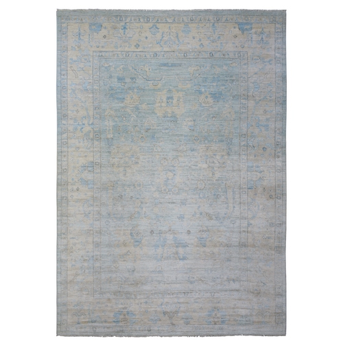 Faded Blue, Hand Knotted Afghan Angora Oushak with Floral Pattern, Natural Dyes Extra Soft Wool, Oriental 