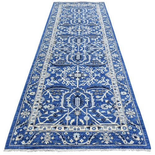 Cobalt Blue, Fine Peshawar with Heriz Design, Natural Dyes Densely Woven, Soft Organic Wool Hand Knotted, Wide Runner Oriental 