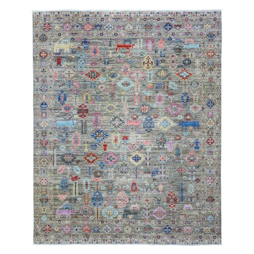 Taupe, Hand Knotted Fine Peshawar with Ancient Animal Figurines Design, Natural Dyes Dense Weave, Soft and Shiny Wool, Oriental Rug
