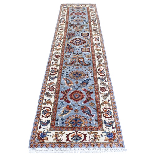 Light Blue, Hand Knotted Fine Peshawar with Mahal Design, Natural Dyes Densely Woven, Soft Wool, Runner Oriental 