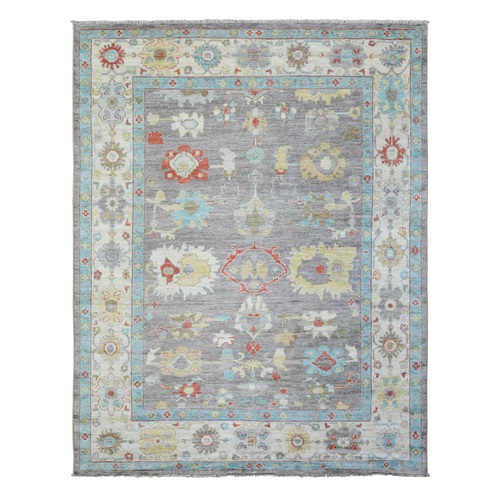 Space Gray Hand Knotted Afghan Angora Oushak with Colorful Floral Pattern, Natural Dyes Pure Wool, Oriental Rug