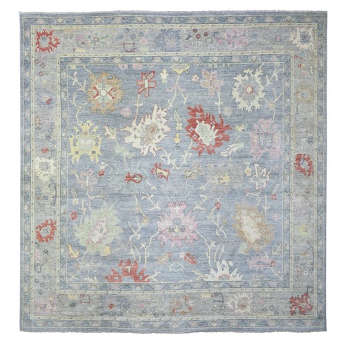 Silver-Blue Hand Knotted Afghan Angora Oushak with Colorful Floral Pattern, Natural Dyes Pure Wool, Square Oriental Rug