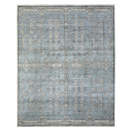Cloudy Gray, Fine Peshawar with Berber Motifs Densely Woven, Soft Organic Wool Hand Knotted, Oriental Rug