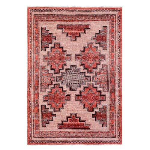 Tomato Red, Hand Knotted Fine Peshawar with Intricate Geometric Motifs , Dense Weave Soft and Shiny Wool, Oriental Rug