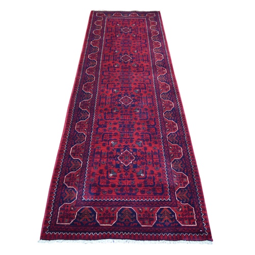 Deep and Saturated Red Afghan Khamyab, Velvety Wool with Tribal Design Hand Knotted Oriental Runner Rug