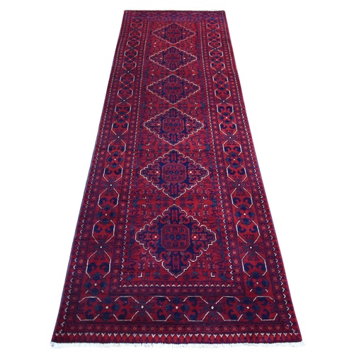 Deep and Saturated Red Natural Dyes Afghan Khamyab Velvety Wool, Geometric Design Hand Knotted Runner Oriental Rug