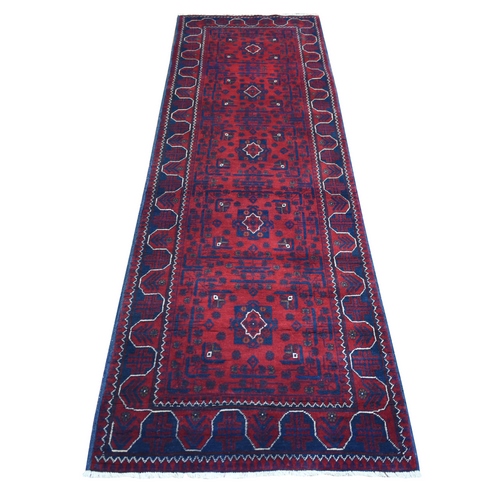 Deep and Saturated Red Natural Dyes Afghan Khamyab, Pure Wool with Geometric Design Hand Knotted Runner Oriental 